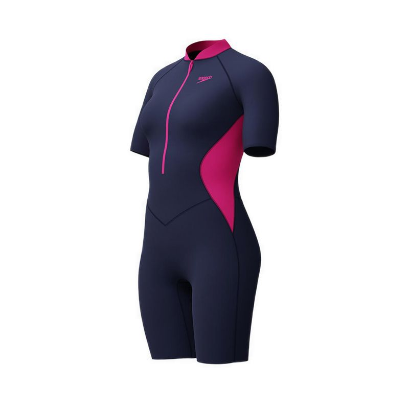 Women Asia Fit Zip Front Short Sleeve Kneesuit - Black Pink